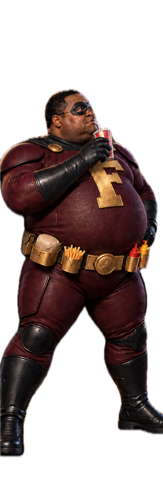 Fatman on a rooftop ledge, soda in hand, looking up at the signal